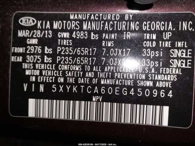 5XYKTCA60EG450964 KIA SORENTO LX