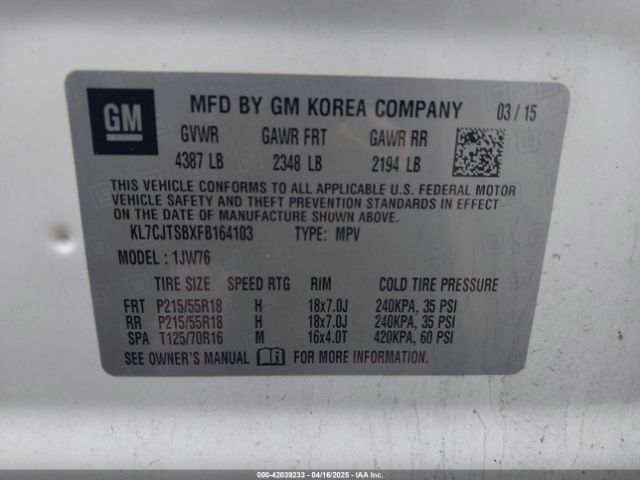 KL7CJTSBXFB164103 Chevrolet TRAX LTZ
