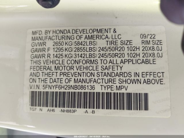 5FNYF6H29NB086136 Honda Pilot Awd Special Edition