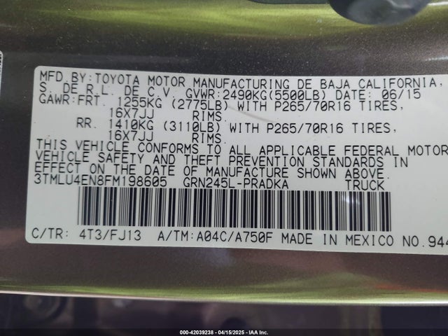 3TMLU4EN8FM198605 Toyota Tacoma Base V6