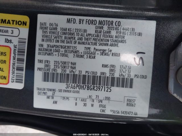3FA6P0H78GR397125 Ford FUSION SE