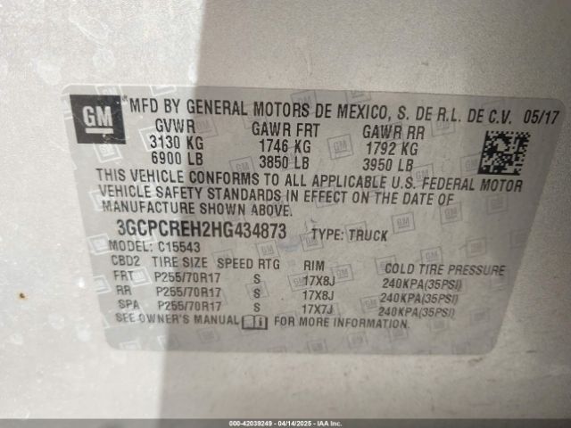 3GCPCREH2HG434873 Chevrolet Silverado 1500 1lt