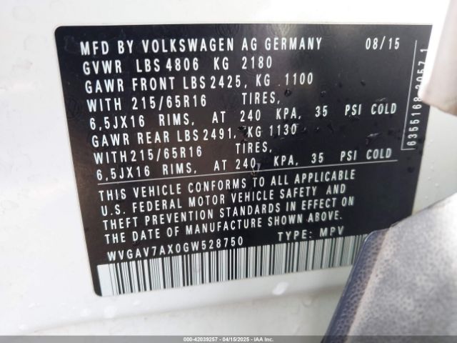WVGAV7AX0GW528750 Volkswagen TIGUAN S