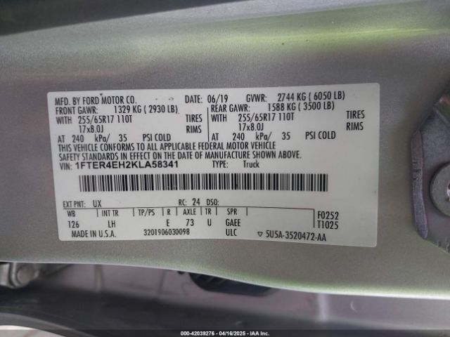 1FTER4EH2KLA58341 Ford RANGER XL