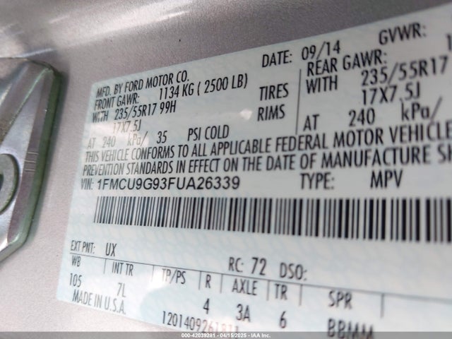 1FMCU9G93FUA26339 Ford ESCAPE SE