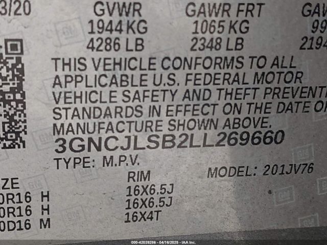 3GNCJLSB2LL269660 Chevrolet Trax Fwd Lt