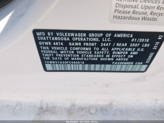 1VWBV7A33FC060015 Volkswagen Passat 2.0l Tdi Se