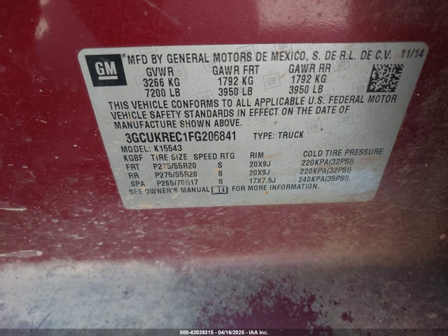 3GCUKREC1FG206841 Chevrolet Silverado 1500 1lt