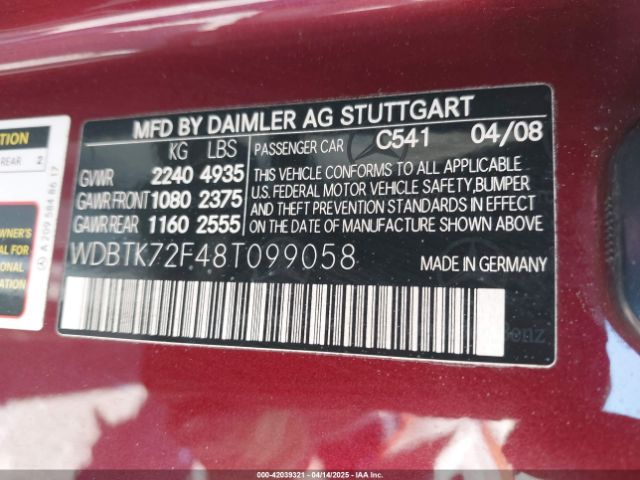2008 MERCEDES-BENZ CLK 550 WDBTK72F48T099058 Photo 8