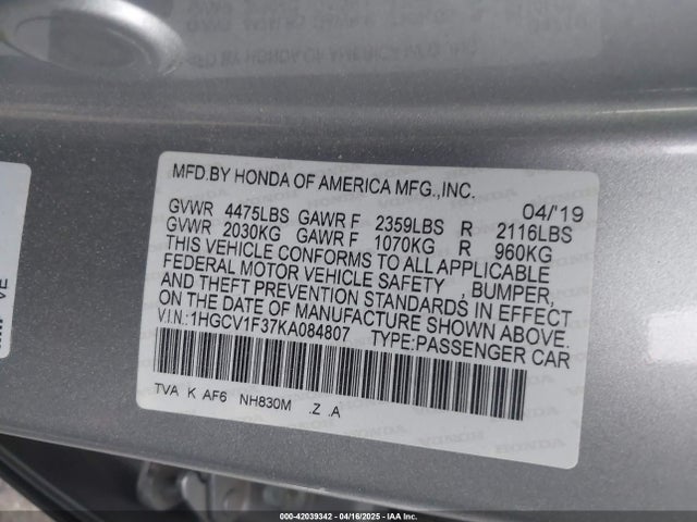 1HGCV1F37KA084807 Honda Accord Sport