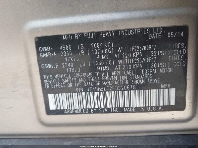 4S4BRBLC2E3320678 Subaru Outback 2.5i Limited