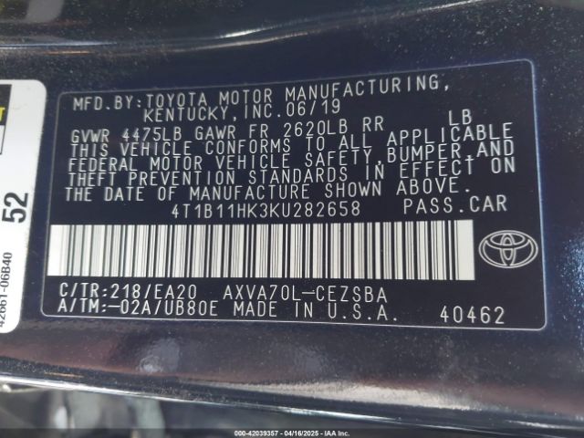 4T1B11HK3KU282658 Toyota CAMRY SE