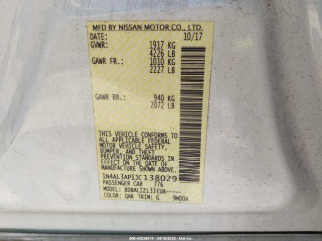 1N4AL3AP1JC138029 Nissan Altima 2.5 Sv