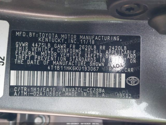 4T1B11HK6KU193067 Toyota CAMRY SE