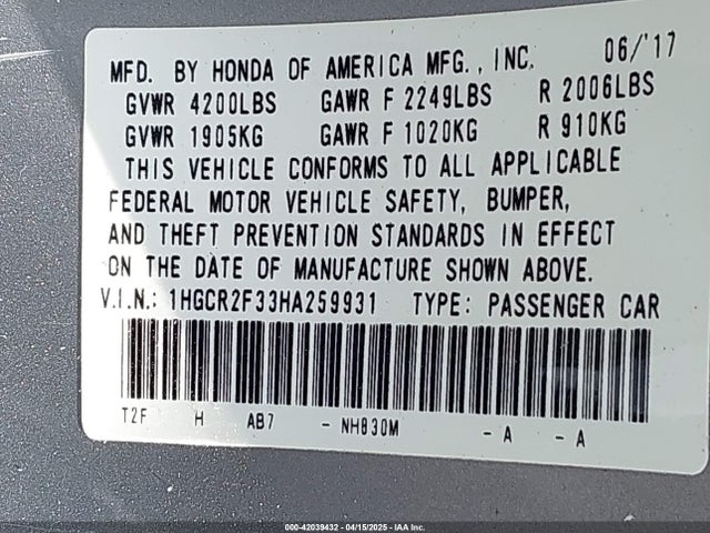 1HGCR2F33HA259931 Honda ACCORD LX