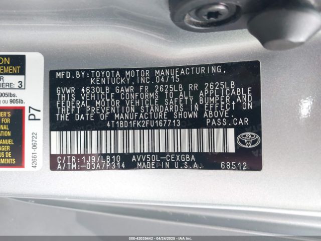 4T1BD1FK2FU167713 Toyota Camry Hybrid Xle