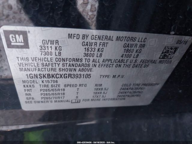 1GNSKBKCXGR393105 Chevrolet Tahoe Lt