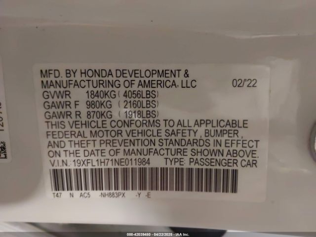 19XFL1H71NE011984 Honda Civic Ex-l