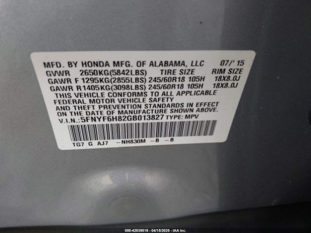 5FNYF6H82GB013827 Honda Pilot Ex-l