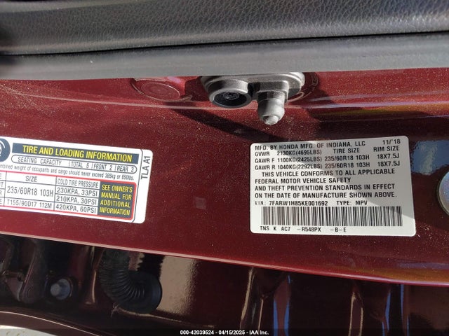 7FARW1H85KE001692 Honda Cr-v Ex-l
