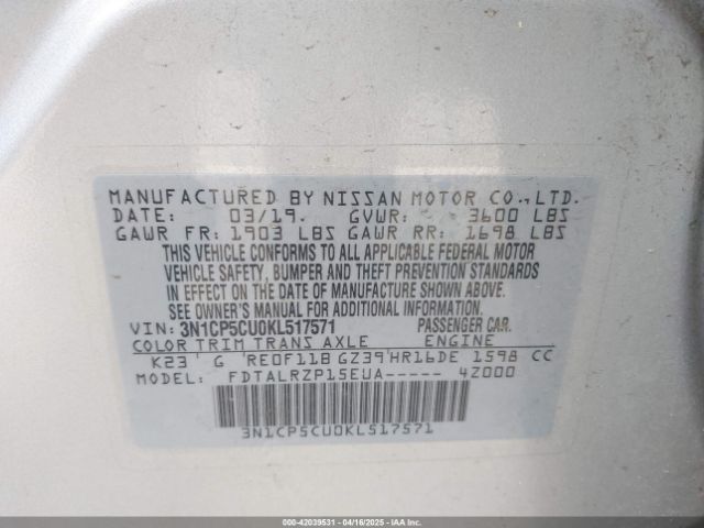 3N1CP5CU0KL517571 Nissan KICKS S