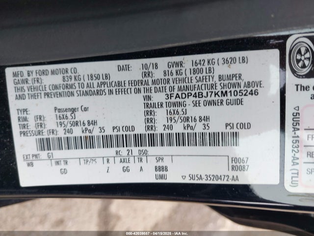 3FADP4BJ7KM105246 Ford FIESTA SE