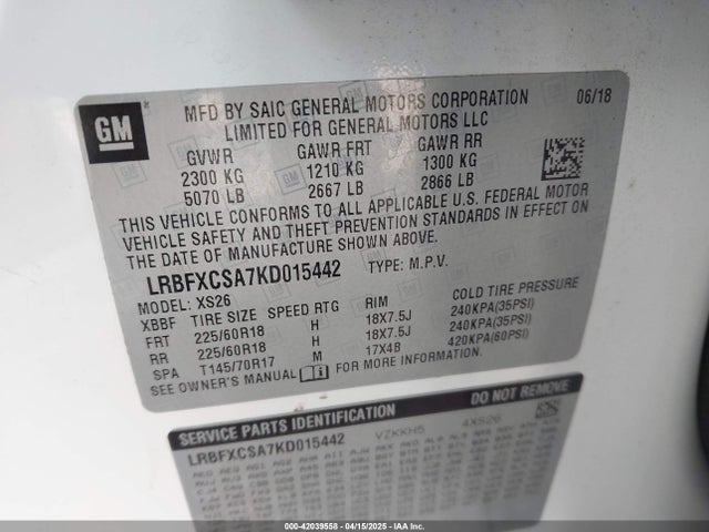LRBFXCSA7KD015442 Buick Envision Fwd Essence