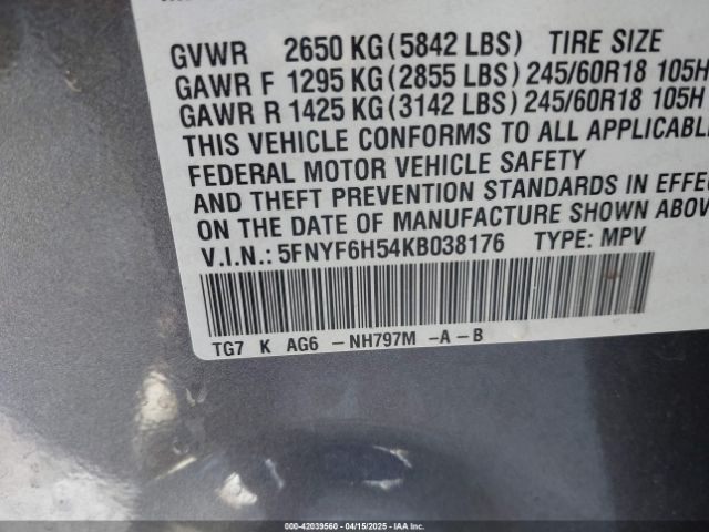 5FNYF6H54KB038176 Honda Pilot Ex-l