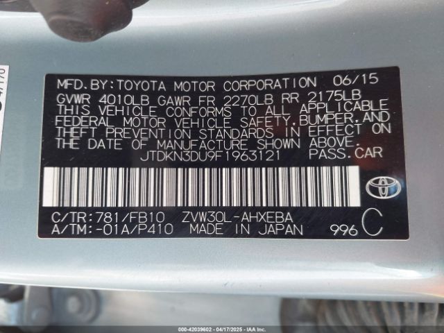 JTDKN3DU9F1963121 Toyota Prius Two