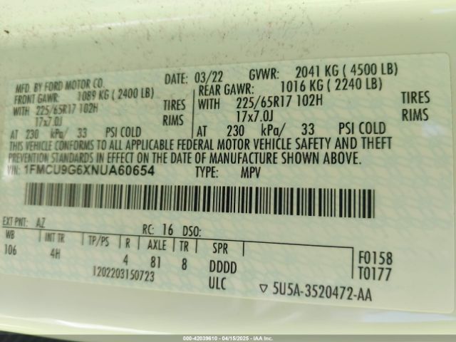 1FMCU9G6XNUA60654 Ford ESCAPE SE