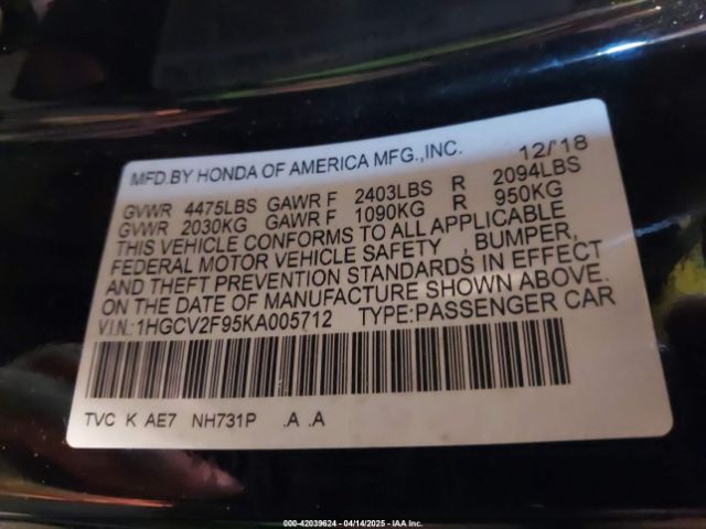 1HGCV2F95KA005712 Honda Accord Touring 2.0t