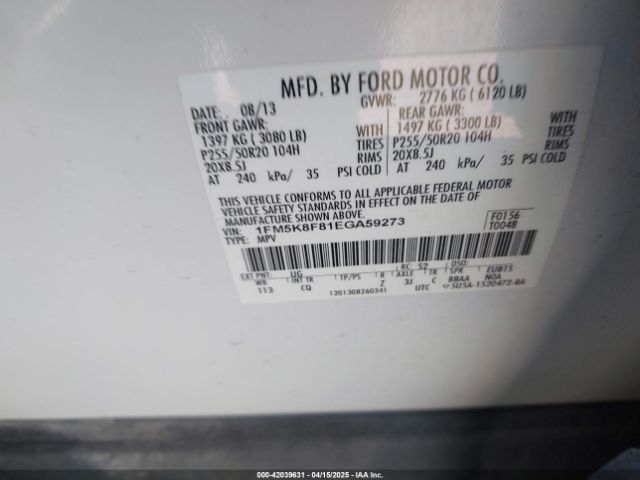 1FM5K8F81EGA59273 Ford Explorer Limited