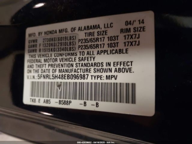 5FNRL5H48EB096987 Honda ODYSSEY EX
