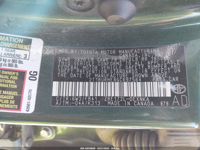 2T1BURHE8GC697564 Toyota COROLLA LE