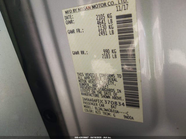 1N4AA6AP3JC370834 Nissan Maxima 3.5 Sv