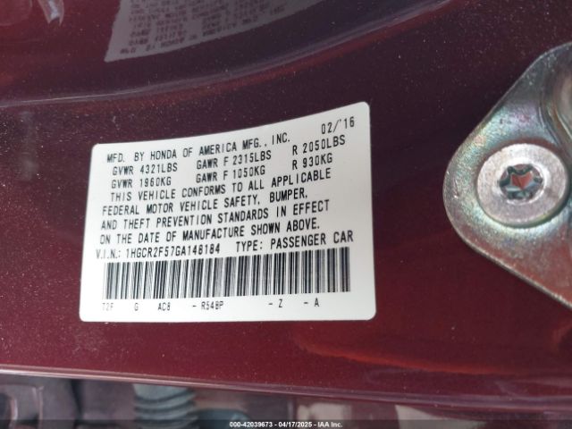 1HGCR2F57GA148184 Honda Accord Sport