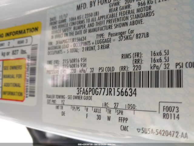 3FA6P0G77JR156634 Ford FUSION S