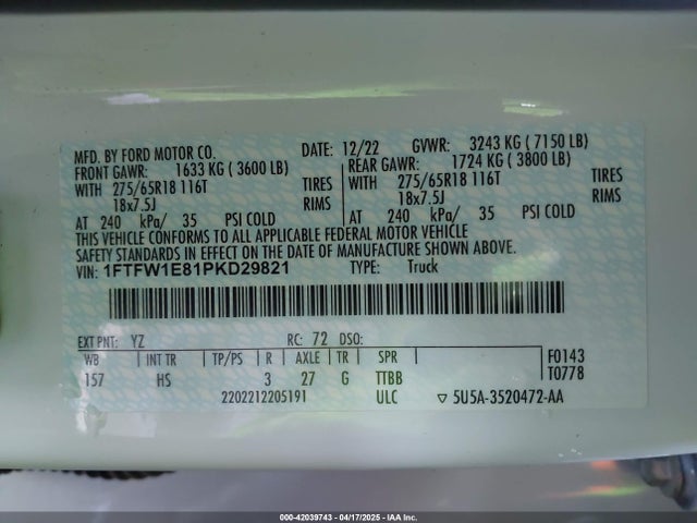 1FTFW1E81PKD29821 Ford gtdi