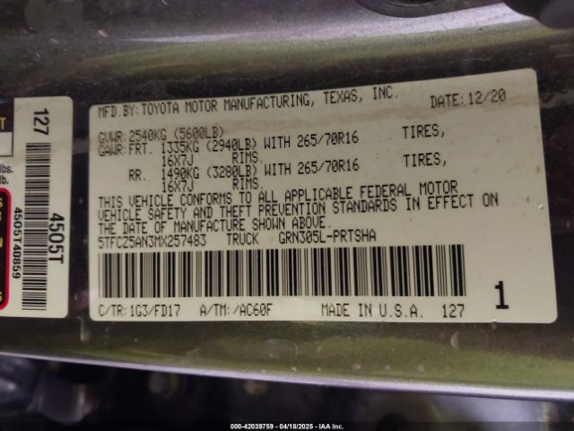 5TFCZ5AN3MX257483 Toyota 2gr-fks