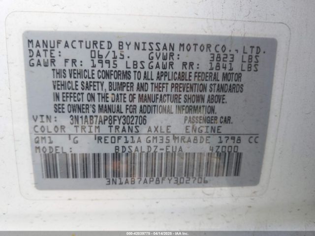 3N1AB7AP8FY302706 Nissan SENTRA SV