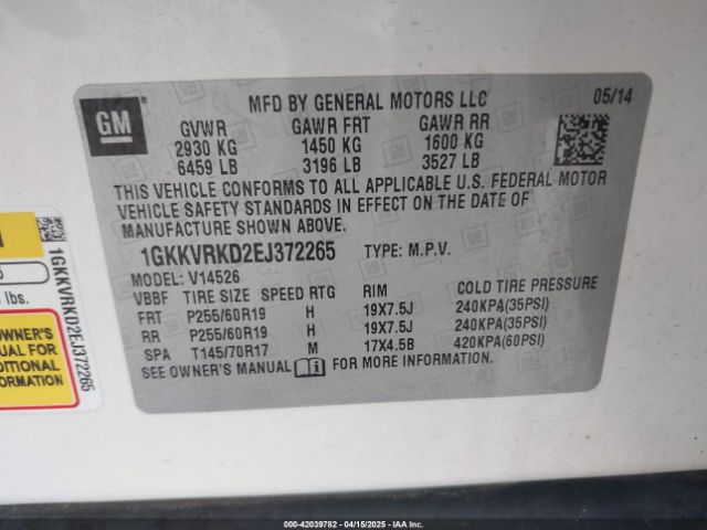 1GKKVRKD2EJ372265 GMC Acadia Slt-1