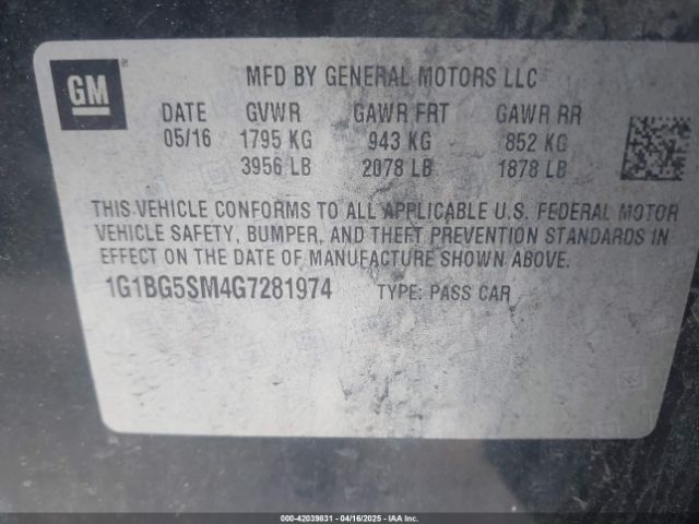 1G1BG5SM4G7281974 Chevrolet Cruze Premier Auto