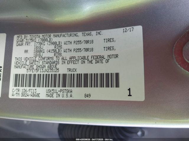 5TFEY5F13JX235125 Toyota Tundra Sr5 5.7l V8