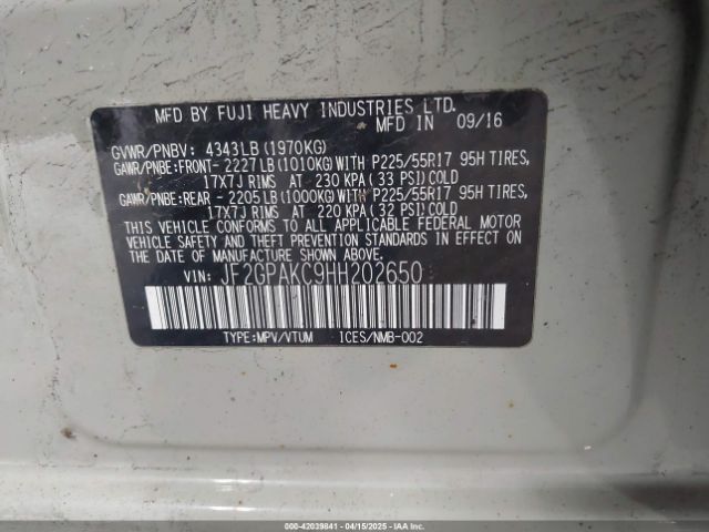 JF2GPAKC9HH202650 Subaru Crosstrek 2.0i Limited
