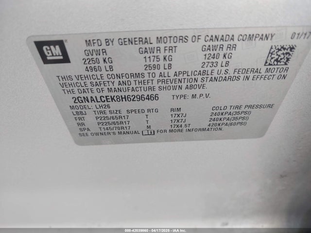 2GNALCEK8H6296466 Chevrolet EQUINOX LT