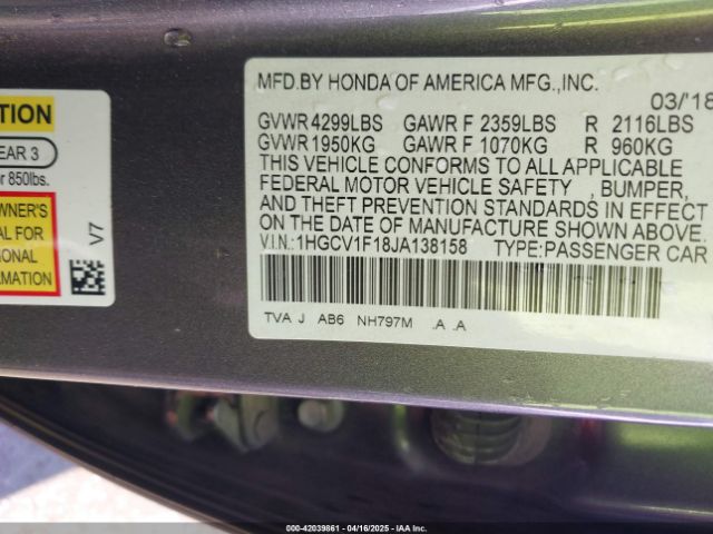 1HGCV1F18JA138158 Honda ACCORD LX