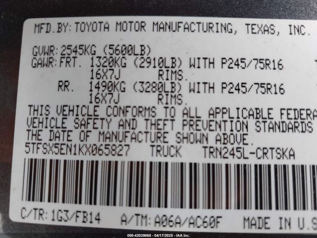 5TFSX5EN1KX065827 Toyota Tacoma Sr