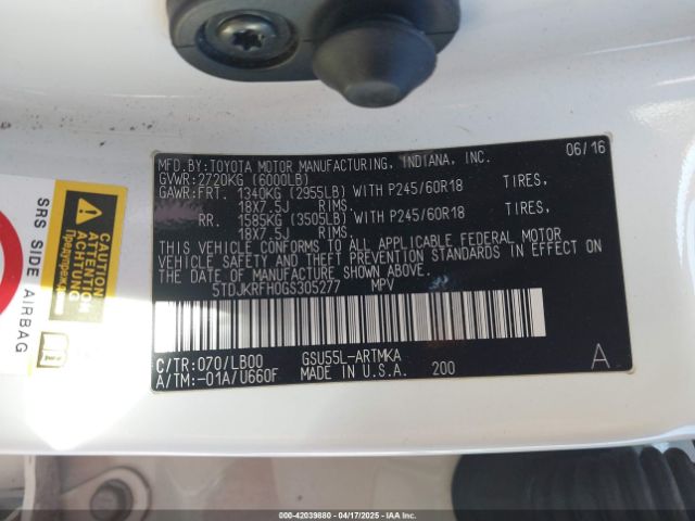 5TDJKRFH0GS305277 Toyota Highlander Xle V6