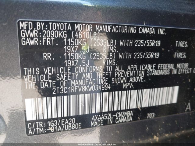 2T3C1RFV8KW034994 Toyota Rav4 Xle Premium