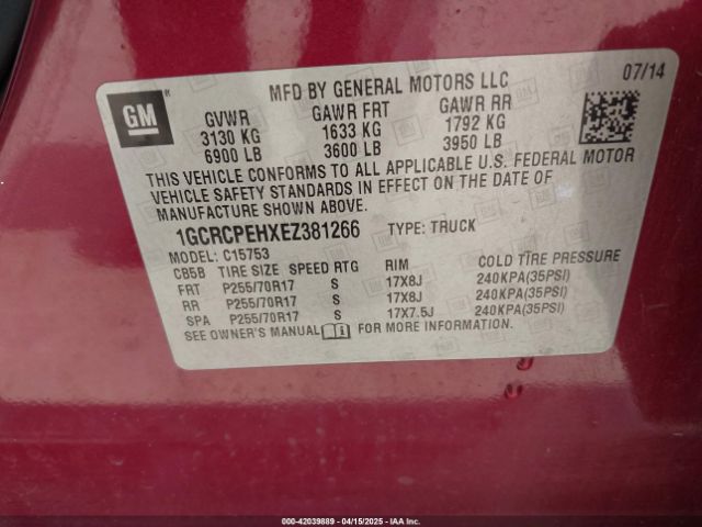 1GCRCPEHXEZ381266 Chevrolet Silverado 1500 Work Truck 1wt